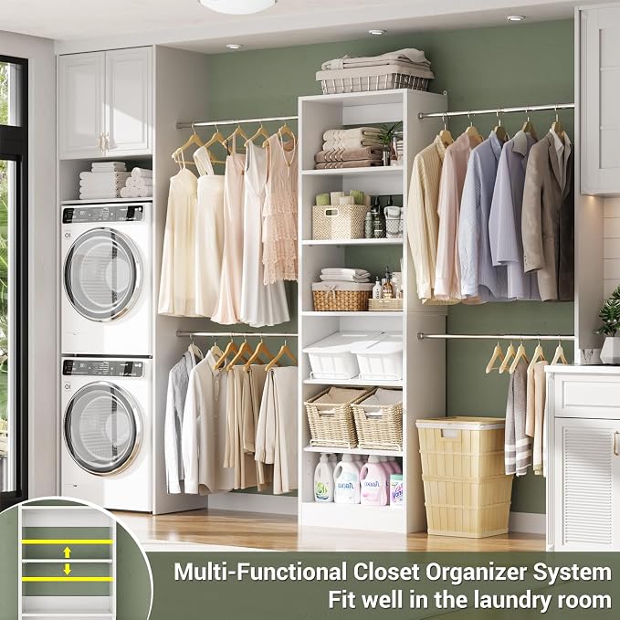Unikito 4-8Ft Wood Closet Organizer System with Extendable Rods, White