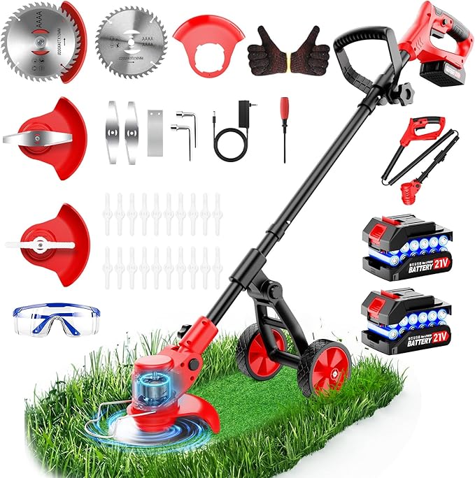 Electric Weed Wacker Cordless with Wheels, 4-in-1 Weed Eater Battery Powered 4000mAh 21V, Brush Cutter/String Trimmer/Grass Trimmer/Lawn Mower with 3 Types Blades, Lightweight Garden Tool, 2 Battery