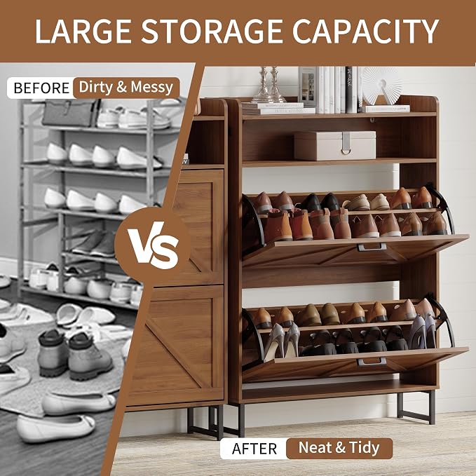 Xixini Shoe Storage Cabinet with 2 Flip Drawers, Entryway Shoe Rack, Walnut