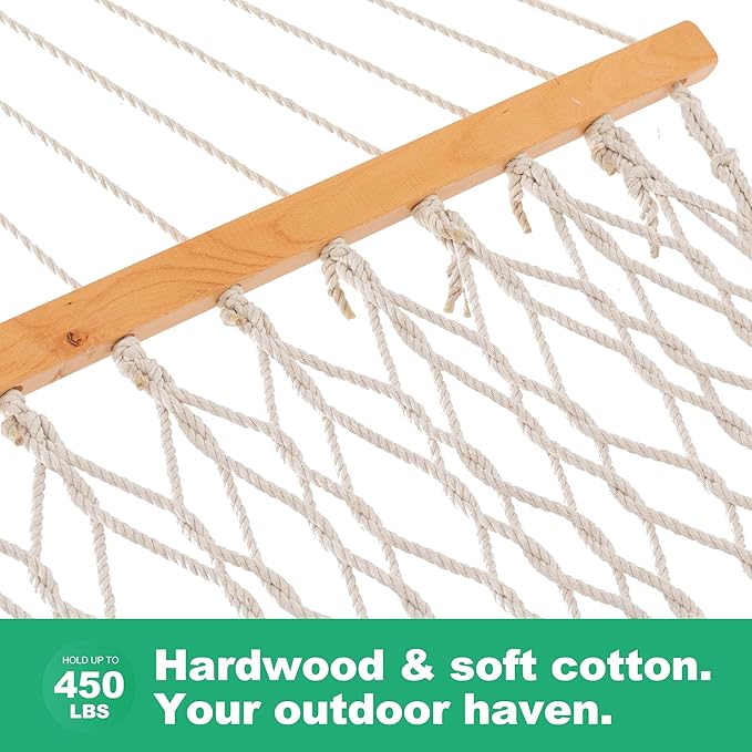 Gafete Single Rope Hammocks for Outside, Traditional Hand Woven Cotton Hammock with Hardwood Spreader Bar, Max 450 lbs Capacity (Natural Beige, Small)
