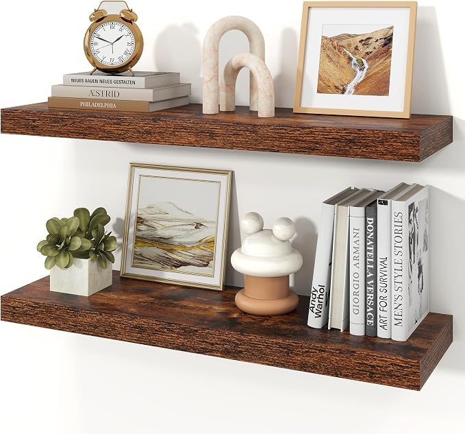 30" Brown Floating Shelves Wood Wall Shelf, Rustic Brown, Set of 2 | Wall Mounted Wood Shelves, For Bathroom, Bedroom, Living Room, Kitchen, Hanging Shelf for Books/Storage/Room Décor