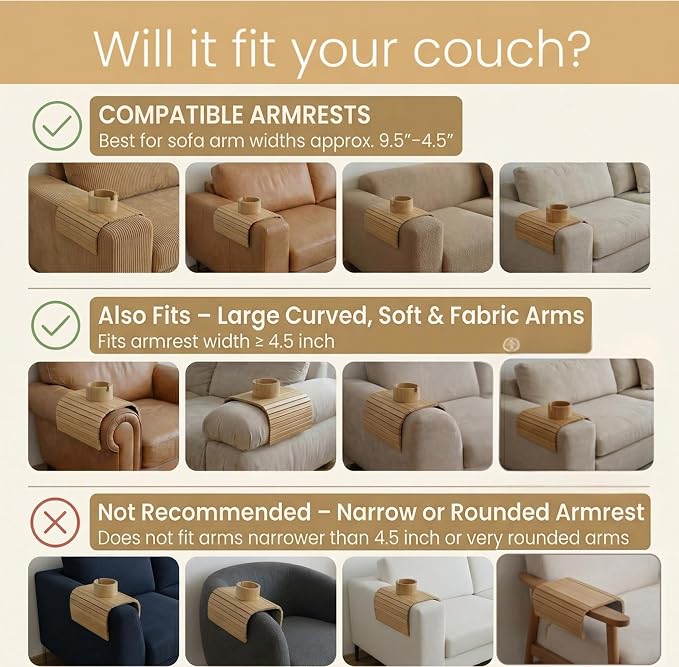 Acacia Couch Arm Tray for Drinks and Snacks with Detachable Cup Holder, Anti Slip Base and Foldable Design, Wooden Sofa Arm Tray for Convenient Couch Side Use