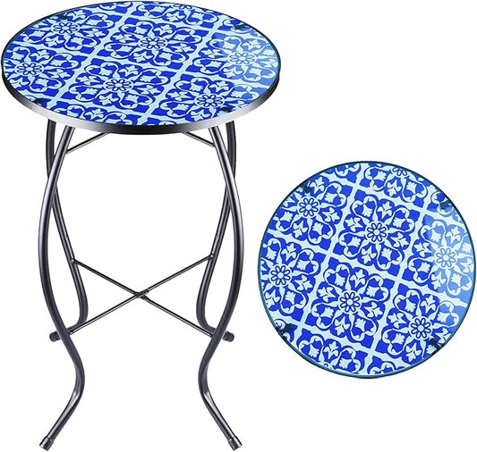 Arbuxzuy 12 Inch Small Outdoor Side Table with Blue-White Mosaic, Glass Mosaic Patio Table Indoor, Round Plant Coffee Table for Living Room, Balcony, Garden