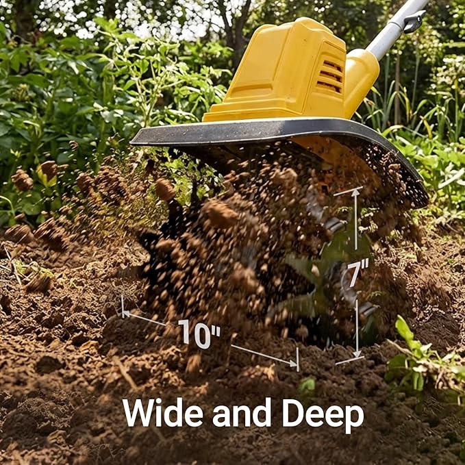 Cordless Brushless Garden Tiller Cultivator Compatible with dewalt 20v Battery (Tool Only), 10’’ Wide 7’’ Deep Electric Soil Rototiller, 48-Tine Mini Rotary Areator for Garden Beds & Soil Preparation