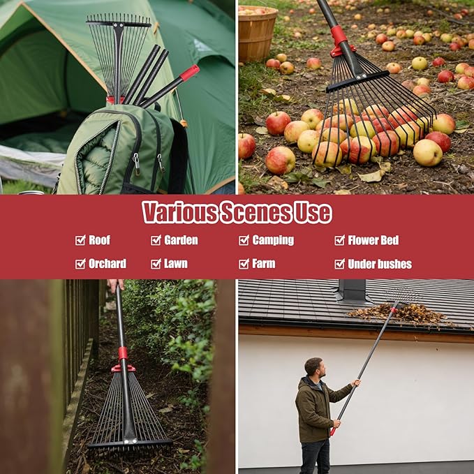Garden Rake for Leaves: 70 Inch Adjustable Long Handle 18 Metal Tines with 8-17" Expandable Head Heavy Duty Metal Rake for Lawns Leaves Yard Grass Camping Debris
