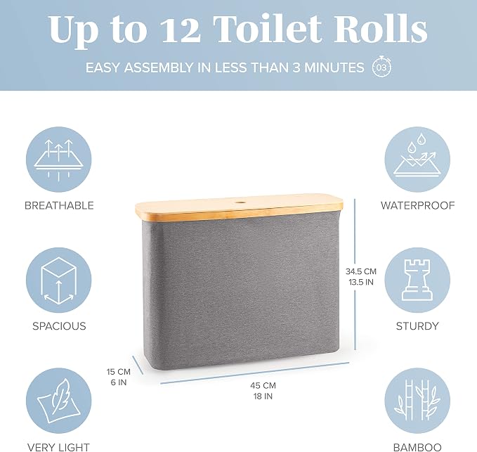 LONBET Toilet Paper Storage for 12 Rolls, Stackable & Foldable - The Ultimate Bathroom Organizer - Waterproof Basket with Bamboo Lid - Elegant Toilet Paper Storage Holder, Gray