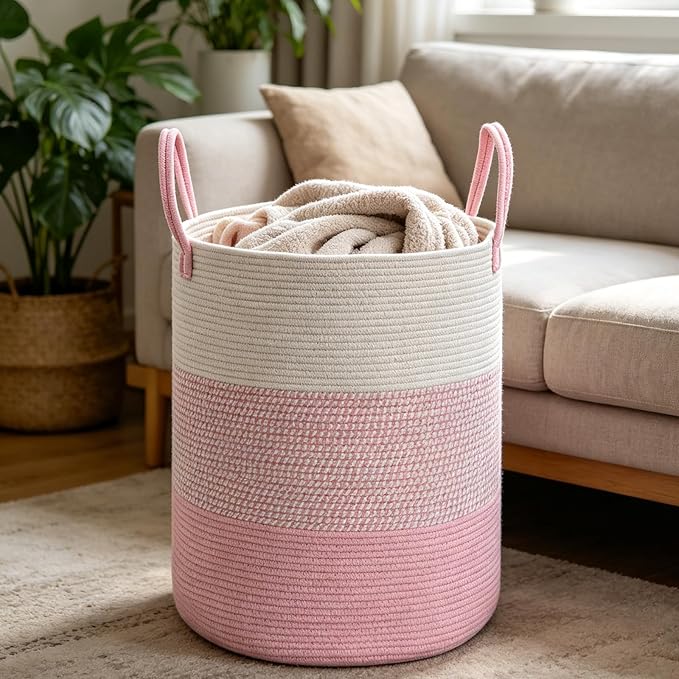 55L Pink Large Woven Laundry Basket, Clothes Hamper with Handles