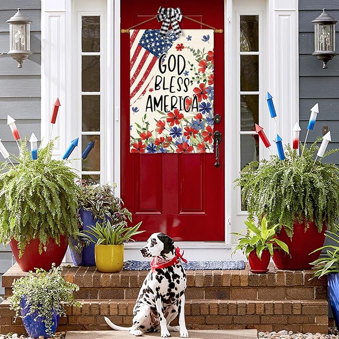 AVOIN colorlife 4th of July Patriotic Memorial Day House Flag 28x40 Inch Double Sided Outside, American Stars and Stripes God Bless America Floral Yard Outdoor Decoration