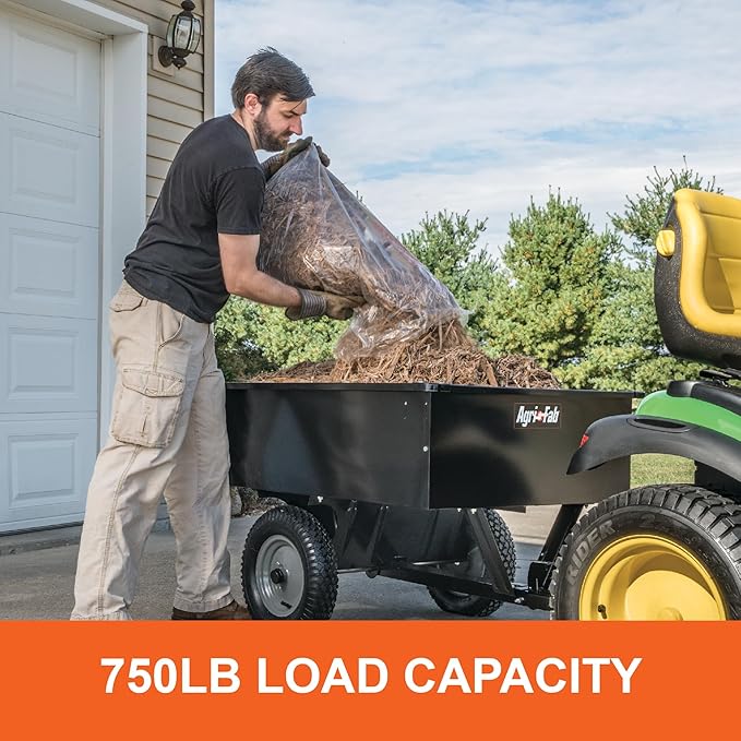 Agri-Fab 45-0101 Steel Utility Lawn & Garden Dump Cart, For Riding Lawn Mowers, 12 cu ft/750# Capacity; 16" Pneumatic Wheels, Easy Foot-Lever Dumping