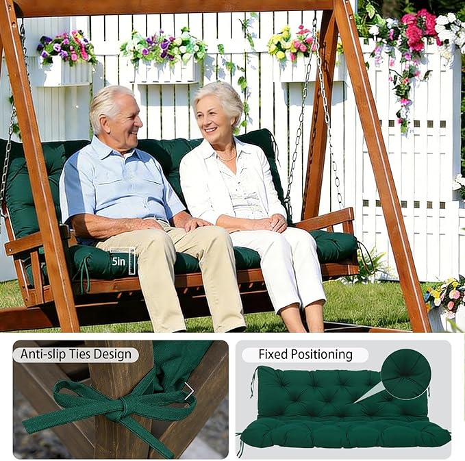 5" Thick Outdoor Porch Swing Cushions Waterproof Fade-Resistant 60x40 Inch 3 Seater with 8 Anti-Slip Ties Durable Replacement Cushion for Patio Long Bench Garden Furniture