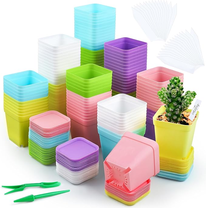 Hahood 120 Pack Mini Plastic Planters 3 Inch Flower Seedling Nursery Pots with Pallet Colorful Square Flower Plant Pots Seed Starting Pots with Labels and Tools for Home Garden Flowers Plants,6 Colors