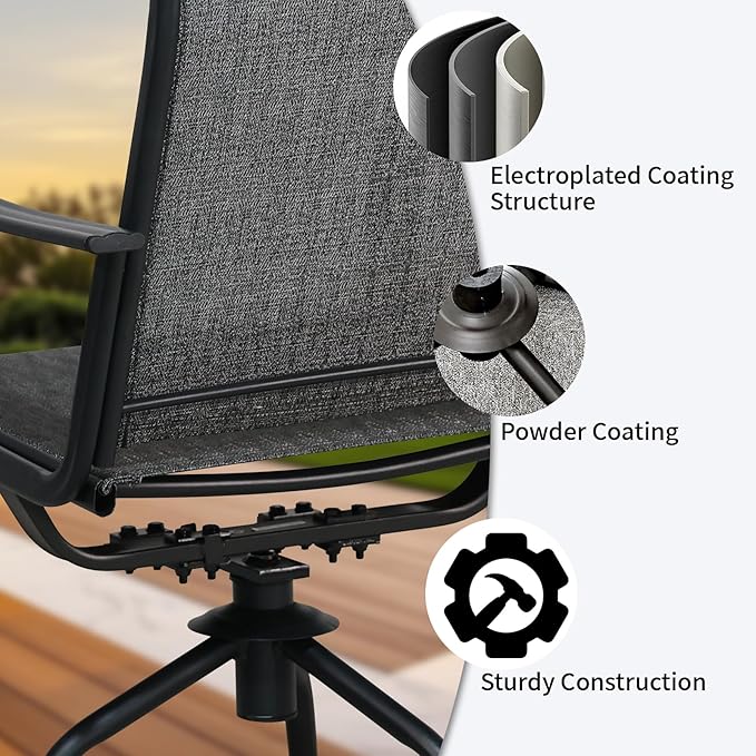 SHGJ&SOFT Patio Swivel Chairs, Waterproof Outdoor Dining Chairs with All-Weather Textilene Mesh for Deck, Garden, and Backyard (Plain Backrest-Grey, Set of 2)