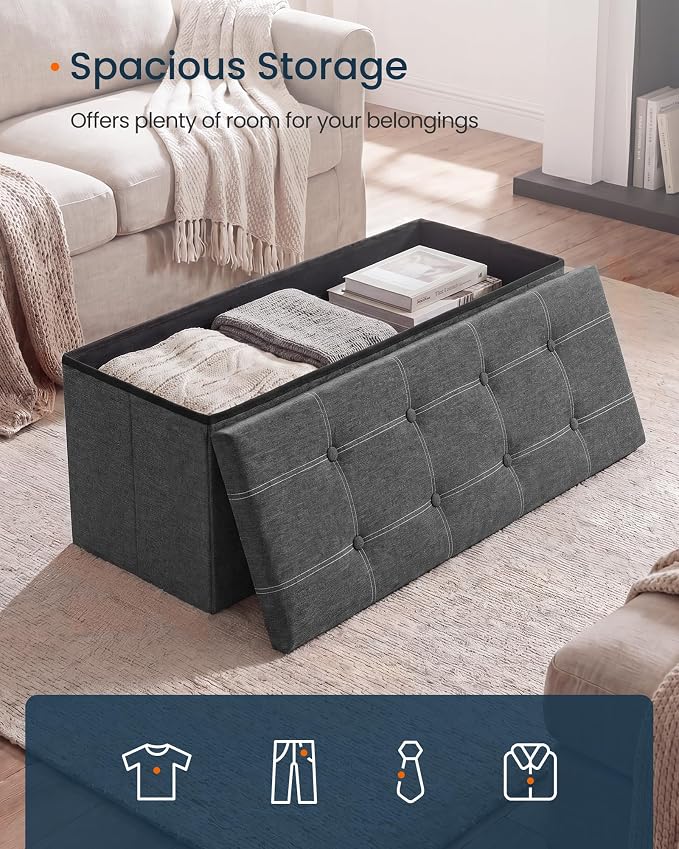 SONGMICS HOME Storage Ottoman, 35 Gallons End of Bench, 15.2 x 43.2 x 15.2 Inches, for Entryway, Living Room, Dark Gray