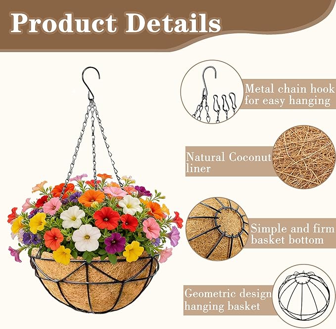 EIMQUVW 4 Pack Hanging Planters with Coconut Liner Metal Outdoor Hanging Baskets with Chains 12 Inch Durable Wire Flower Pots for Porch Garden Spring Summer Decor