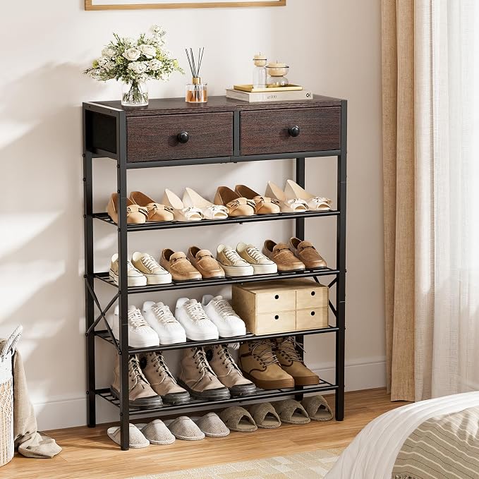 5 Tier Shoe Rack with 2 Drawers, 16-20 Pairs Dark Brown