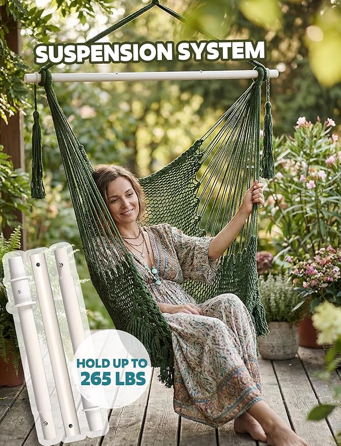 Chihee Hammock Chair Handmade Hanging Chair Cotton Rope Woven Hanging Seat Soft-Spun Large Stretch Hammock Swing, Collapsible Strong Metal Spreader Bar Elegant Macrame Comfort Indoor Outdoor Garden