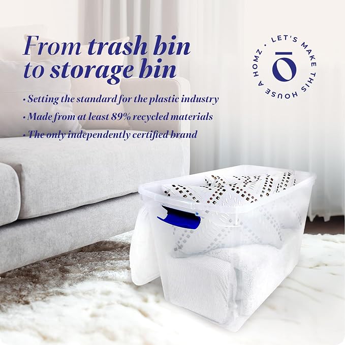 HOMZ Clear Plastic Storage Bins w/Latching Lid, 112 Qt, Blue Latch, 2 Pack