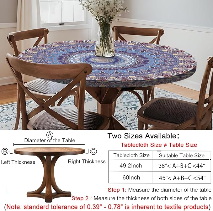 Fitted Vinyl Round Tablecloth for 36-44" Table Boho Waterproof Reusable Summer Fall Tableclothes Campers Inside Outdoors Supplies Dining Room Kitchen Needs White Elephant Gifts