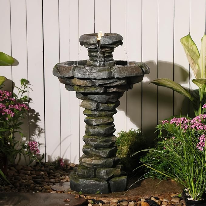 Sunlinua 29.7H Stone-Like Outdoor Water Fountain with LED Lights Italian Resin Garden Fountain for Patio Yard Weather-Resistant Cascading Waterfall Feature with Quiet Pump Elegant Backyard Décor