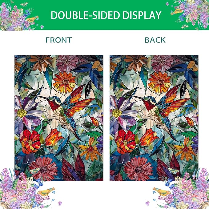 Stained Glass Spring Hummingbird Garden Flag 12x18 Inch Double Sided for Outside, Colorful Small Large Burlap Yard Flag for Summer Farmhouse Holiday Outdoor Decorations