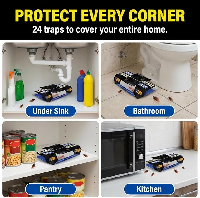 GATCH Roach Traps Indoor (24 Pack), Sticky Baited Cockroach Traps, Roach Killer Indoor Infestation, Adhesvie Glue Traps for Roaches, Insects, Home Bug Ant Spider Cricket, Child & Pet Friendly