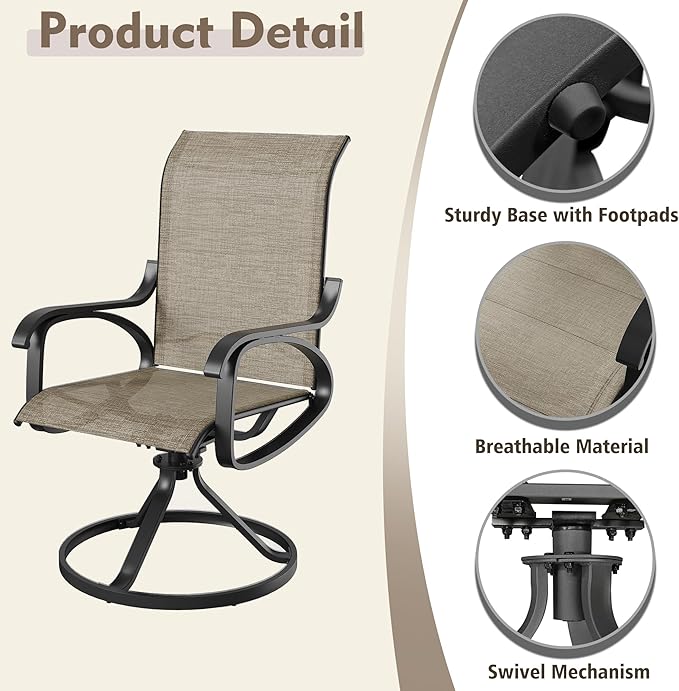 Patio Swivel Chairs Set of 2, All Weather Outdoor Rocking Chair with Textilene Breathable Back, Metal Frame, Patio Dining Chair for Backyard, Garde, Porch and Deck (2, Dark Brown)