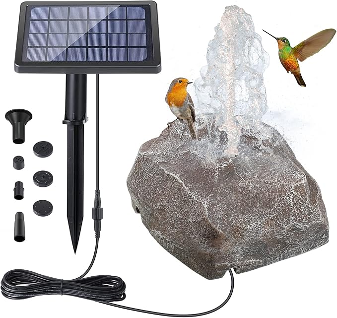 Solar Fountain Bird Bath with Solar Panel, Rockery Granite Water with 5 Nozzles Solar Water Fountain for Birdbath Outdoor, Pond, Patio Garden, and Fish Tank