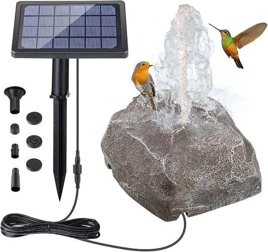 Solar Fountain Bird Bath with Solar Panel, Rockery Granite Water with 5 Nozzles Solar Water Fountain for Birdbath Outdoor, Pond, Patio Garden, and Fish Tank