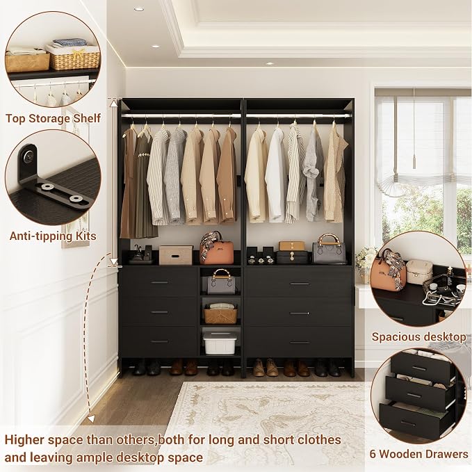 Aheaplus Closet System with 6 Drawers, 4.5ft, Set of 2, Set of 2, Black