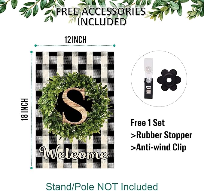 Baccessor Monogram Letter S Garden Flag 12.5 x 18 Inch, Buffalo Plaid Family Last Name Initial Boxwood Wreath Welcome Vertical Double Sided Small Flags for Outdoor Outside Decoration