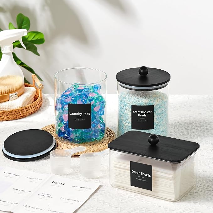 Glass Laundry Pods Container & Acrylic Dryer Sheet Holder with Balck Bamboo Knobs Lids, Scoops & Labels | Premium Laundry Room Organization and Storage for Detergent Pods, Powder, Dryer Balls & Beads