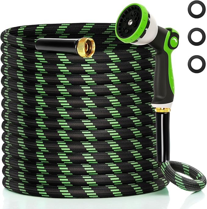 Garden Hose 50 ft Water Hose Flexible Non-Expandable Outdoor Heavy Duty Lightweight Leakproof Kink-free flex Watering Hose Pipe with Nozzl for 3/4 inch Fitting Yard Lawn Outside Car Wash