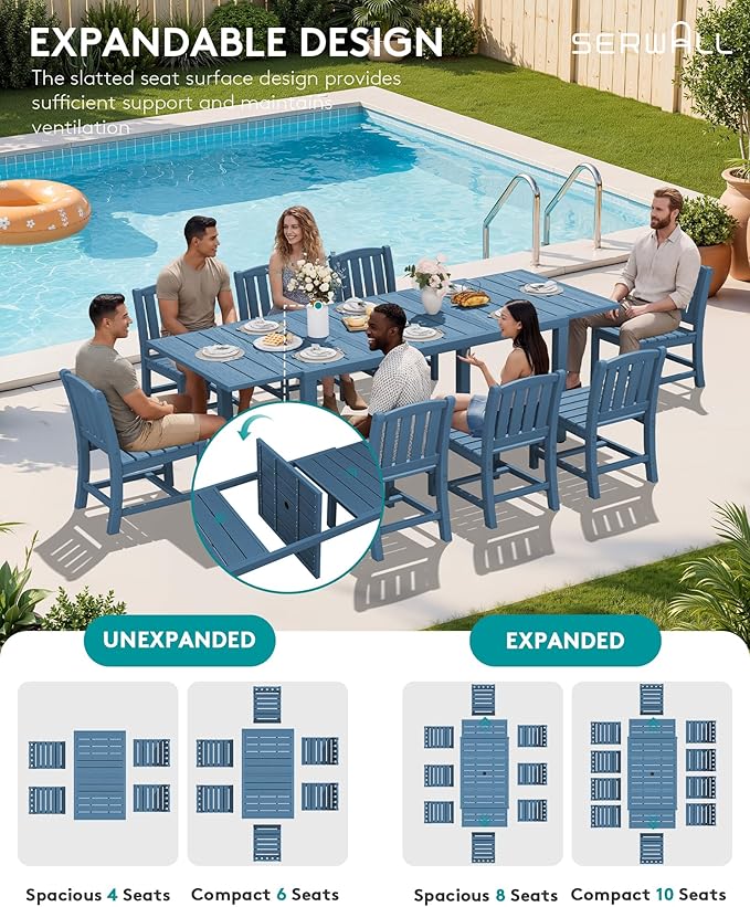 SERWALL Outdoor Dining Chairs Set of 2, All-Weather HDPE Patio Armless Chairs, Blue