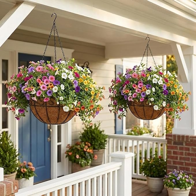 2 Pack Hanging Baskets for Plants Outdoor 12 Inch Metal Hanging Planters with Coco Coir Liner, Round Hanging Flower Pots for Home Garden Patio Balcony Porch