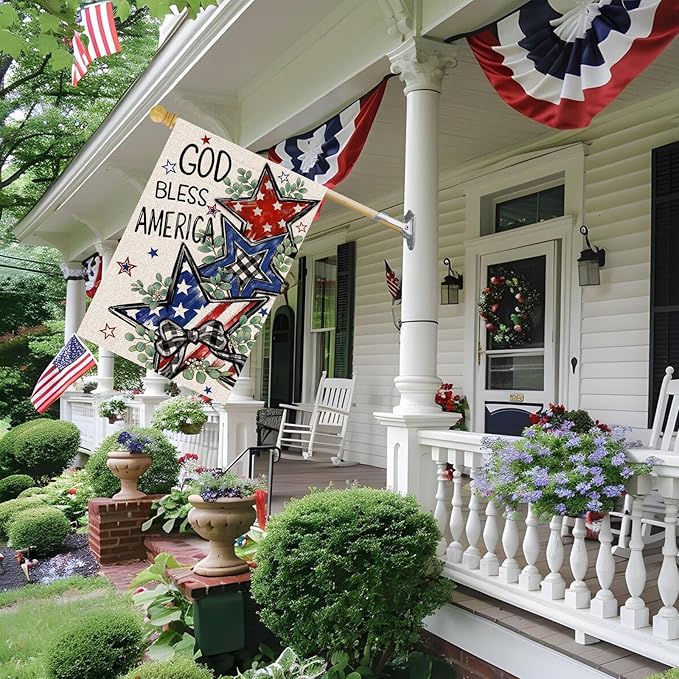 4th of July House Flag 28x40 Inch Double Sided Outside God Bless America Patriotic Stars Eucalyptus Memorial Day Independence Day Holiday Outdoor Yard Decoration