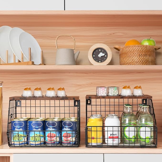 Mefirt Fruit Basket, Stackable Wall Mounted Fruit Baskets, Potato Baskets Onion Storage for Kitchen, Hanging Wire Basket with Wood Lid, 2-Tier Vegetable Organizer Kitchen Countertop Organization | Hanging Potato Basket Wire Basket with Wood Lid, 2-Tier...