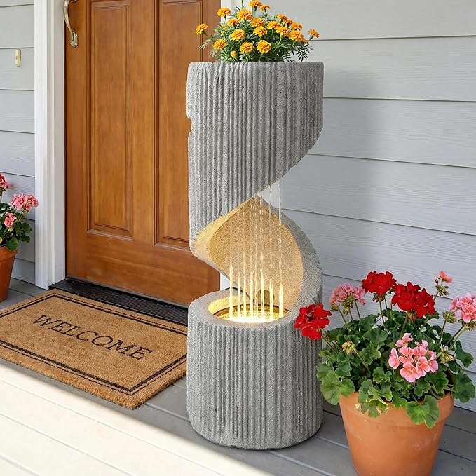 30” H Modern S-Shaped Outdoor Fountain with LED Light, Resin Spiral Column Waterfall Feature with Flat Top for Plant Display, Decorative Water Fountain for Garden, Patio
