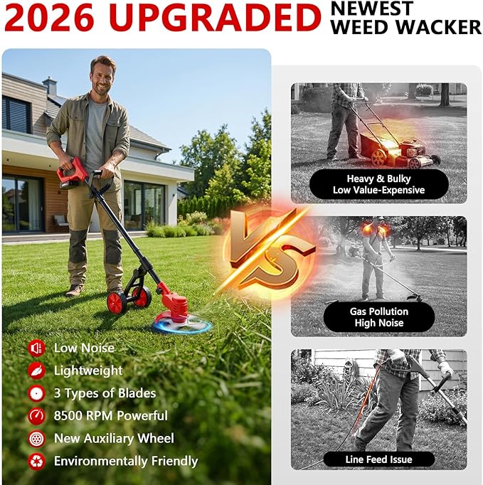 Electric Weed Wacker Cordless with Wheels, 4-in-1 Weed Eater Battery Powered 4000mAh 21V, Brush Cutter/String Trimmer/Grass Trimmer/Lawn Mower with 3 Types Blades, Lightweight Garden Tool, 2 Battery