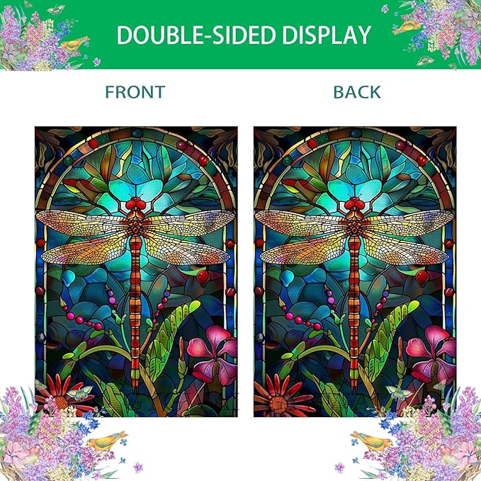 Stained Glass Spring Dragonfly Garden Flag 12x18 Inch Double Sided for Outside, Floral Small Burlap Yard Flag Seasonal Farmhouse Outside Outdoor Decor