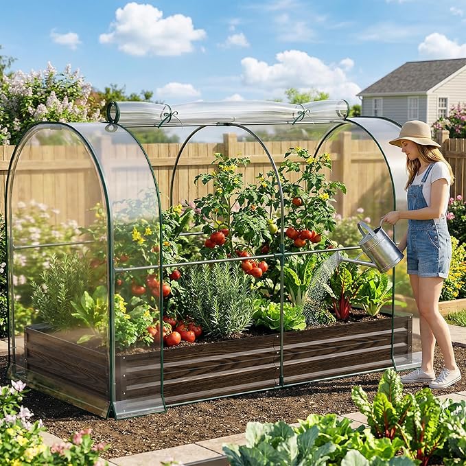 SUNYRISY Galvanized Raised Garden Bed with Greenhouse, Outdoor Metal Planter Box with Plant Bed Cover, Garden Box Protection for Gardening Vegetables Flowers Herbs Planting, Wood Grain