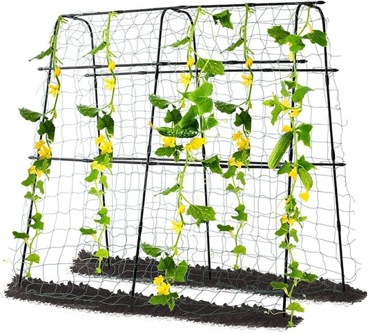 Garden Trellis for Climbing Plants Outdoor, Metal Cucumber Trellis Plant Support for Outdoor Vegetables Fruits Flowers Vines Cucumber Trellis Raised Bed, with Nylon Netting, 63" Hx 63" L, Black