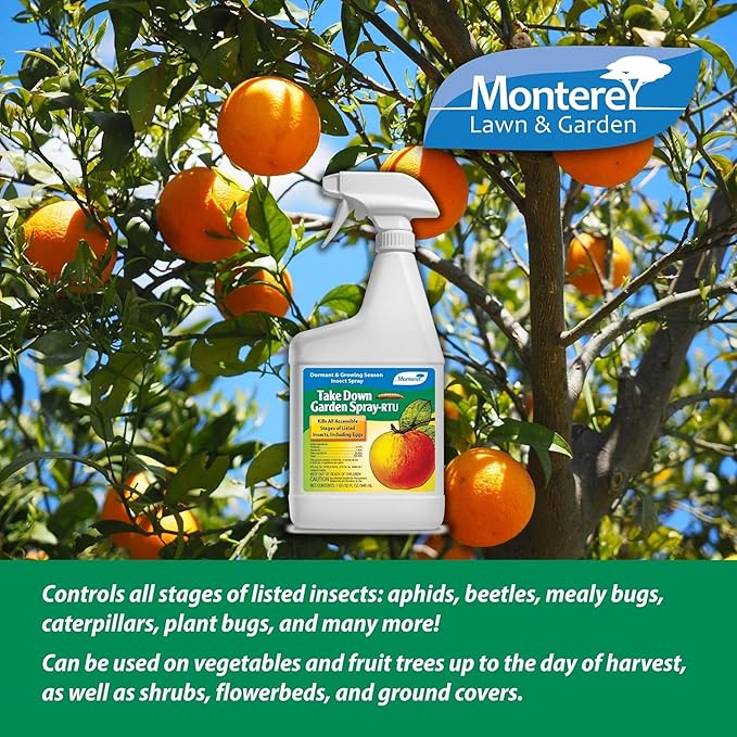 Monterey Take Down Garden Spray RTU Bundled with Measuring Spoon - Ready-to-Use Insecticide for Dormant & Growing Seasons - Controls Aphids, Caterpillars, Mealybugs, and More - 32 oz