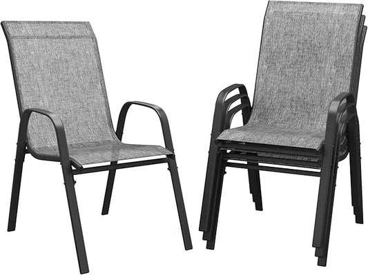DIFY Patio Chairs Set of 4, Stackable Outdoor Dining Chairs Set with Breathable Textilene High Back and All-Weather Metal Frame for Garden, Backyard, Deck, Grey