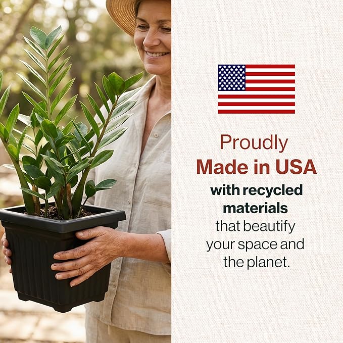 12 Inch Venetian Square Plant Pots with Drainage Holes, Lightweight UV-Resistant Plastic Outdoor Planters, 2-Pack Flower Pots for Patio & Garden Decor, Black