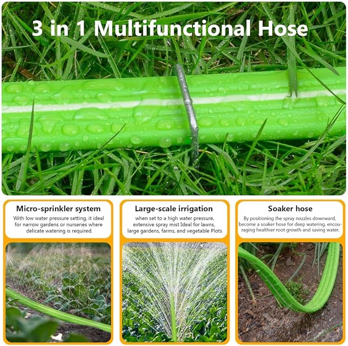 LAVEVE Heavy Duty Sprinkler Soaker Hose 100 FT, Flat Garden Hose with Holes, Efficient Flexible Irrigation Hose for Yard, Lawn and Garden, Includes Stakes (50FT x 2Pack)