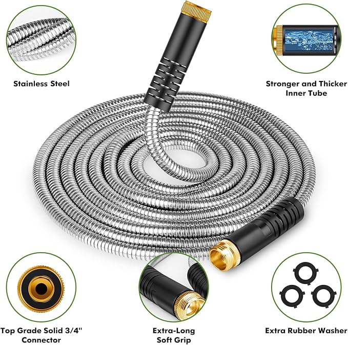 Unywarse Garden Hose 75ft, Stainless Steel Heavy Duty Water Hose with 10 Function Nozzle Flexible, Lightweight, No-Kink, Pet Proof, Puncture Proof Metal Hose for Yard, Outdoor