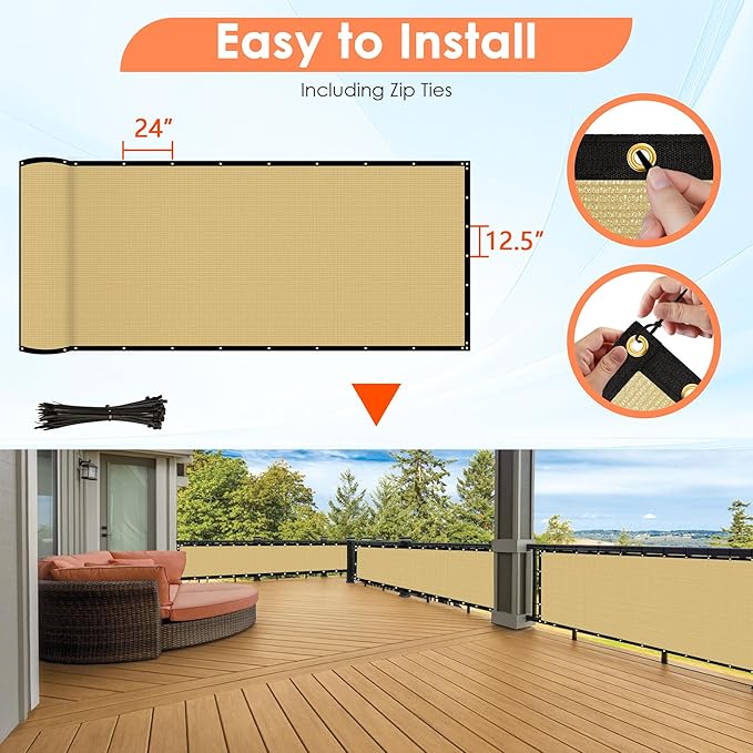 i COVER 4x25ft Privacy Screen Fence, Outdoor Fencing Panels, Garden Windscreen Mesh Shade Sail Net Barrier, Fence Privacy Screen Reinforced Bindings and Brass Grommets Cable Zip Ties, Sand