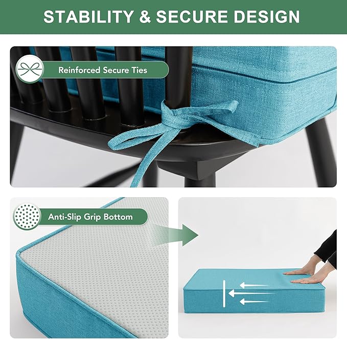 Summsun Faux Linen Outdoor Chair Cushions, Water Resistant Backrest and Seat Cushion Set with Removable Cover, Straps, Non-Slip Bottom for Patio Furniture, 19 x 19 Inch, Teal, Set of 4