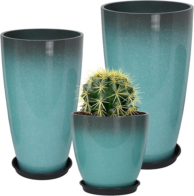 Neoaider 24/21/12 Inch Large Plastic Planter, Lightweight Ceramic-Look Tall Planters with Drain Hole & Saucers, Tall Plastic Planters for Porch, Garden, Patio, Balcony(Sky Blue)