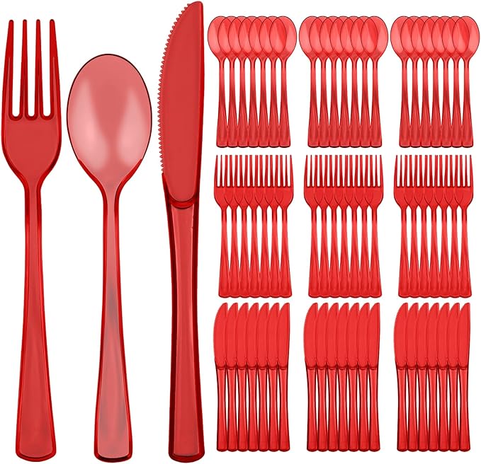 75 PCS Plastic Silverware Disposable Silverware Heavy Duty Utensil Sets 25 Of Each Forks Knives & Spoons Disposable Cutlery Set For Easter,Birthday,Baby Shower,Garden Party,Wedding(75,Red)